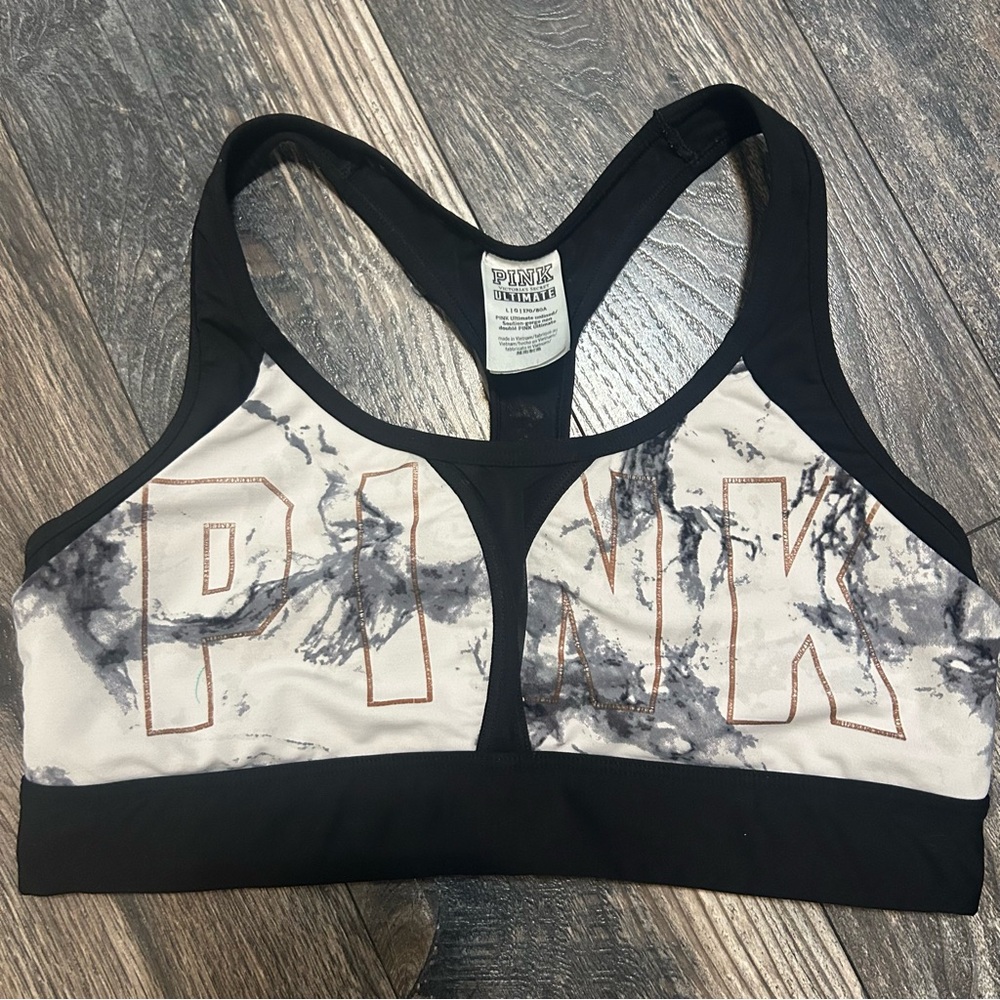 PINK Logo Victoria's Secret Black and White Racerback Sports Bra Large